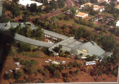 The Gagudju Crocodile Holiday Inn was built to resemble a crocodile. (We snapped a photo of this framed aerial shot in the hotel.)