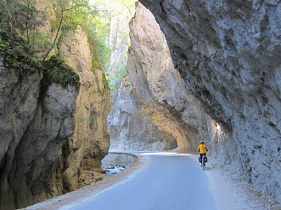 Ann Abeles biking up the gorge to Bulgaria’s Yagodina Cave. 