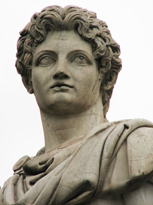 Closeup of one of the two mirror-image statues that top the Cordonata on Rome’s Capitoline Hill. The statues represent the twins Castor and Pollux and date to antiquity. Photo by Beth Habian