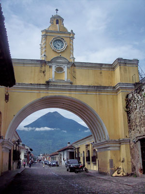 The majestic Volcán de Agua framed by Antigua’s Arco de Santa Catalina.