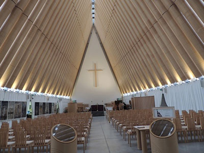 The Cardboard Cathedral in Christchurch is a temporary church creatively built after a 6.3-magnitude earthquake damaged the nearby Cathedral in the Square.