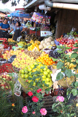 Antigua market stand with fruit for sale.