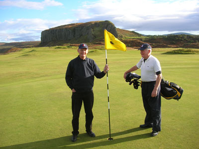 Fellow golfers Andrew Wilson and Alan Ramsay enjoyed the September sunshine at the 12-hole Shiskine course on the island of Arran.