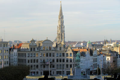 View toward Brussels' Grand Place from Place Royale. The Town Hall's 300-foot-tall tower is in the center. Photo by Stephen O. Addison, Jr.