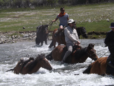 Jamin Heady-Smith joined in to take Mongolian horses across a fast-moving stream. Photo by Rod Smith