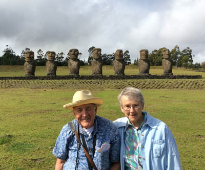 Dusty and Margi Miller with the moai at Ahu Akivi on Easter Island.
