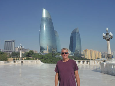 Mark Nelson in front of the Flame Towers in Baku, Azerbaijan.