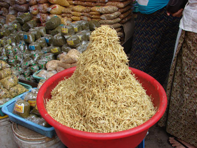 Pyramid of julienned ginger in the market.