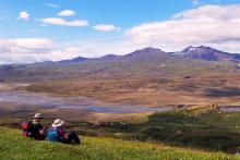 Hikers atop Valahnúkur in the Þórsmörk (“Thor’s Woods”) region are rewarded with 360-degree views. Photo by Glenn Eriksen
