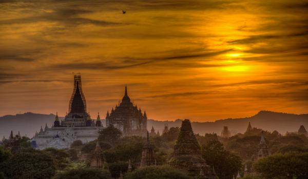 Temples of Bagan near sunset.