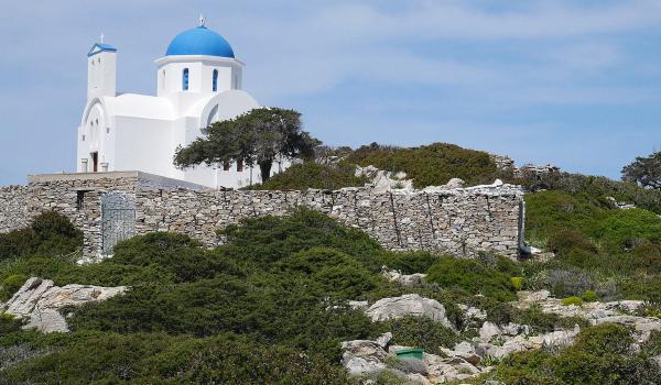 Blue-domed church seen on the way to Ancient Arkesini, on the island of Amorgos.