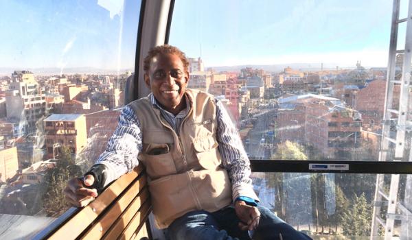 Frank Stewart in a cable car in La Paz.