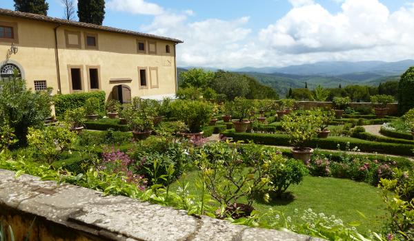 View of the beautiful garden at Villa Poggio Torselli near San Casciano Val di Pesa.