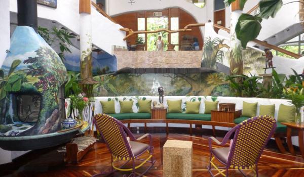 The inviting lobby of Finca Rosa Blanca, near San José.