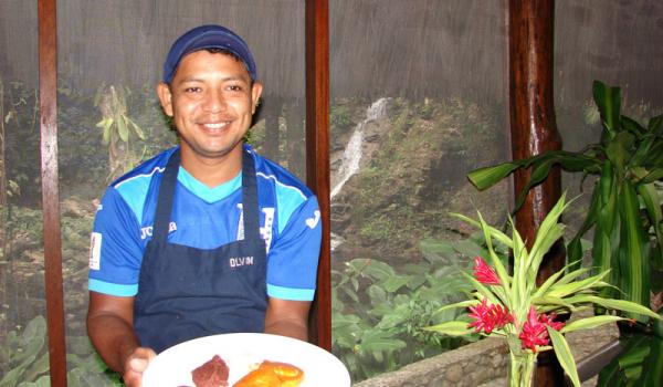 TOP: Olvin with a typical Honduran breakfast. MIDDLE: Huevos Rancheros ingredients at the ready. BOTTOM: Eggs cooking in the sauce. Photos by Sandra Scott