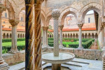 Surrounding Monreale Cathedral’s cloister, 228 twin columns feature intricately carved capitals and Moorish-influenced mosaics. Photo by Sarah Murdoch