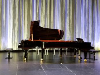 Two grand pianos at the 2018 Lofoten Piano Festival's opening concert.