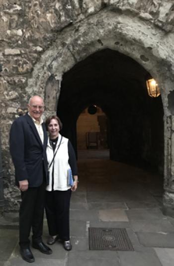 Carl and Lynn Cooper exiting Westminster Abbey after the Purcell tour — London.