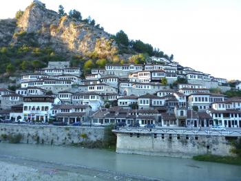 View along the river in Berat, Albania.