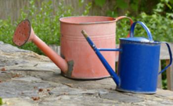 Watering cans near the children’s sandbox.