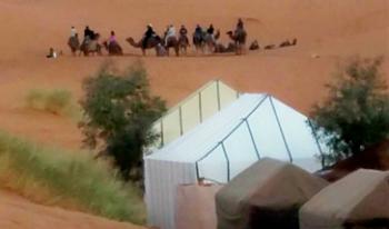 Our camel caravan crossed the dunes to our overnight Berber tented camp in the Sahara — Morocco.