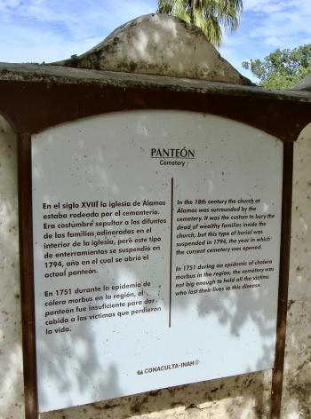 A sign explaining the origin of the Panteón de Álamos cemetery, which opened in 1794 — Mexico. Photo by Lynn Meadows