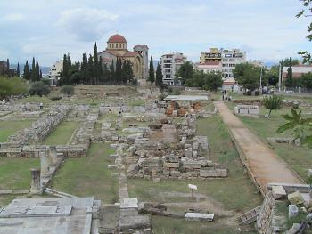 Overview of the Kerameikos archaeological site, with the church of Agia Triada in the background.