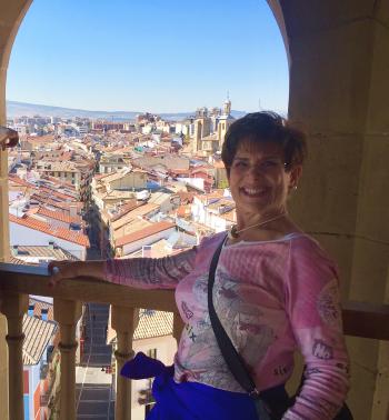 Donna Altes and the view over Pamplona from the top of its Roman Catholic cathedral.