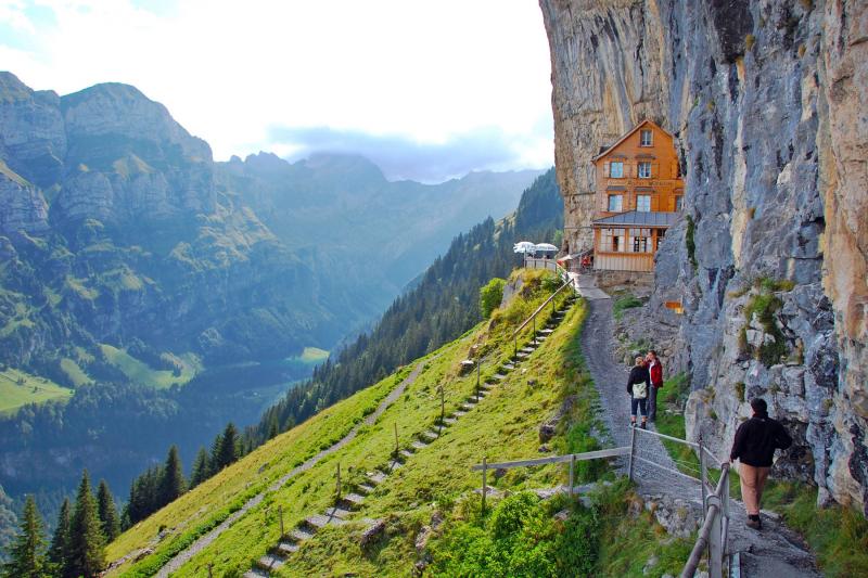 A humble guesthouse built into the vertical cliff side of Switzerland’s Ebenalp summit once housed pilgrims who hiked up to pray.