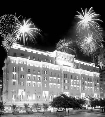 The illumination of the Copacabana Palace at night is enhanced by fireworks on New Year’s Eve — Rio de Janeiro. Photo courtesy of Copacabana Palace