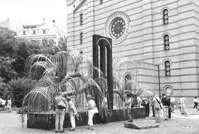 A memorial sculpture dedicated to the Jews of Budapest stands in front of Dohany Synagogue.