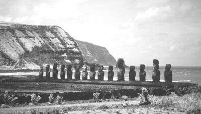 The 15 moai at Ahu Tongariki, which were swept away and scattered by a tsunami in 1960, now stand again upon their ahu.