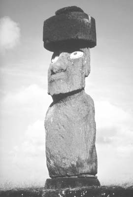 Eyes made of white coral with colored irises and topknots were added to moai after they were set in place.