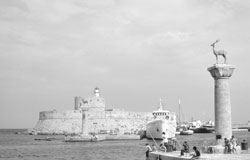 The Colossus of Rhodes was rumored to have straddled this entrance to Mandraki Harbor, Rhodes.