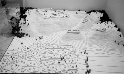 Model of the Royal Mounds: Castle Mound (left), Hearth Mound (lower center), Mindaugas’ Throne (upper center) and Lizdeika Mound (right).