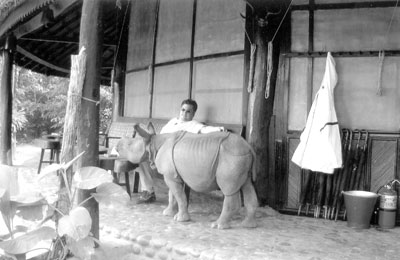 Mongol, Tiger Tops’ resident rhino, with Jon at the Gol Ghar.