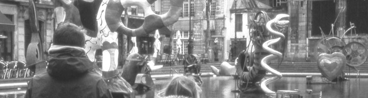 Max and Taylor Saunders at Stravinsky fountain, Pompidou Center.