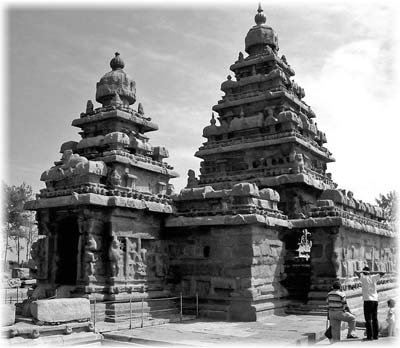 The Shore Temple at Mamallapuram stands on the shore of the Bay of Bengal.