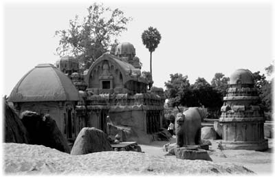 The Panch Rathas, a complex of rock-cut shrines in Mamallapuram.