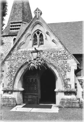 The entrance to the Church of St. Andrew was decorated with wedding flowers.