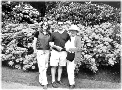 Author and family pose in front of one of numerous hydrangea bushes in Savill Garden.