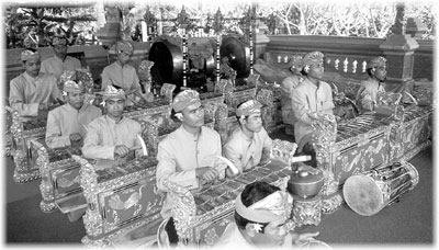 Balinese musicians play gamelan music in Ubud.