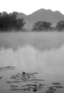 I shot these two images of the same misty lake in northern Thailand but chose the one on the right for my slide show. The building gives a clue as to the location, and the composition is more interesting.