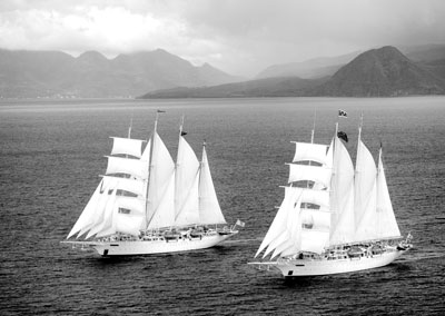 The twin ships Star Clipper and Star Flyer sailing side by side. Photo courtesy of Star Clippers