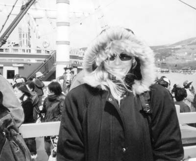 Susan Benton on the pirate ship crossing to Hakonemachi.