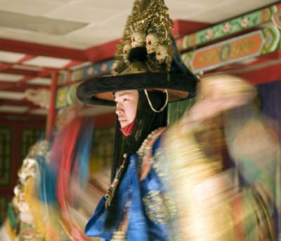 Tsam dancer performing with the Tumen Ekh Song and Dance Ensemble in Ulaan Bataar.