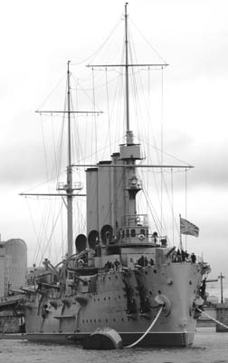 The famous armored cruiser Potemkin, moored at St. Petersburg. The mutiny on board this vessel in 1905 was the precursor to the earth-shaking Russian Revolution of 1917.