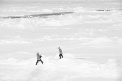 Passengers on the ice at the North Pole.