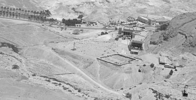 Roman army camp (square at lower right) as seen from above at Masada. — Photo by Roger Canfield