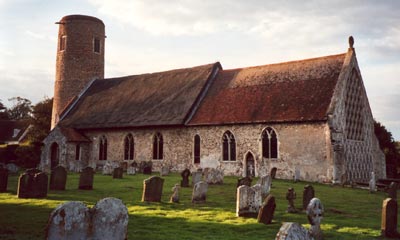 The medieval parish church in Barsham still has part of its roof thatched. — Photos by John W. Pickering